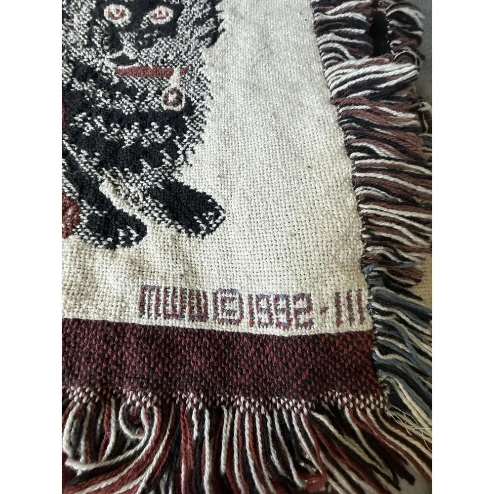 Vintage 90s Tapestry Throw Blanket Playful Cats Persian Cat w/ Fringe 1992